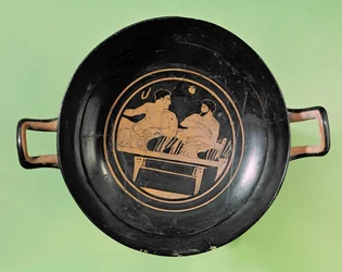 Innenansicht einer rotfigurigen Tasse, die einen Mann und einen Epheben im Gespräch darstellt, aus Orvieto, ca. 420 v. Chr. (Keramik)